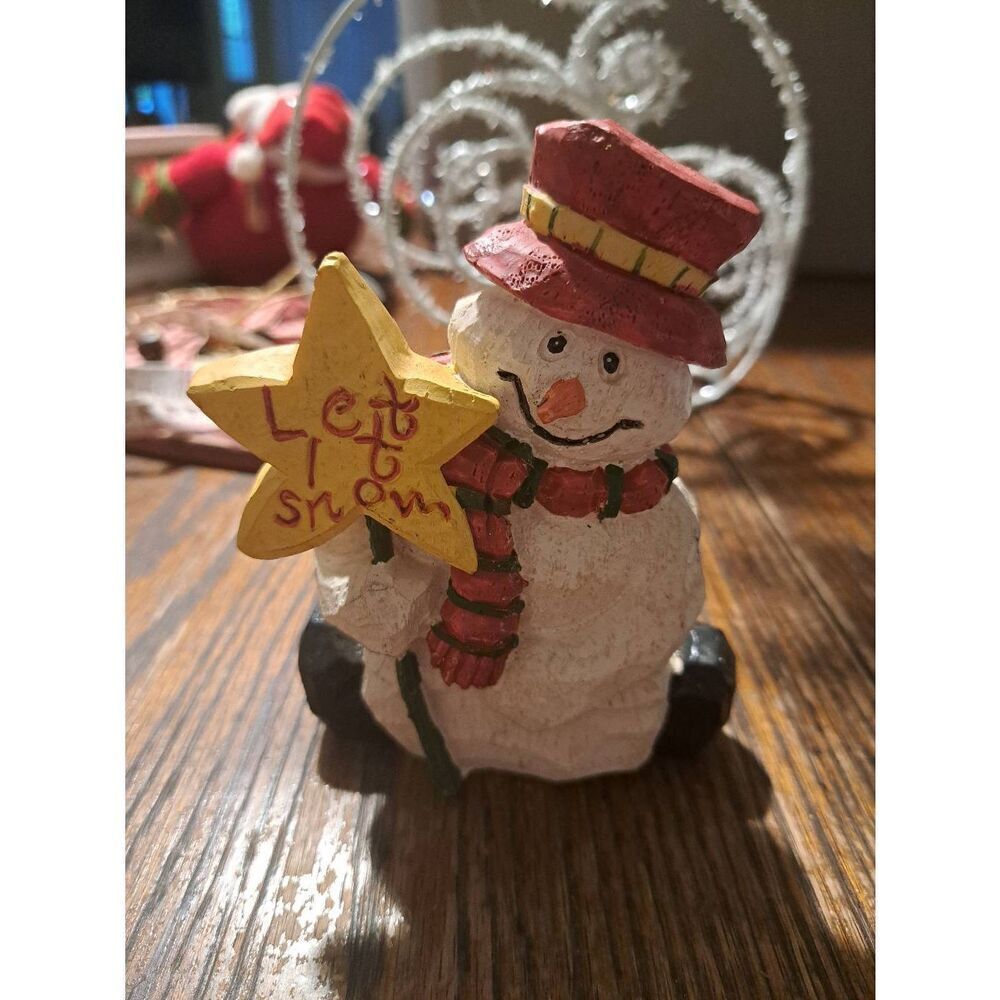 Snowman 5” Rustic Farmhouse Carved Wood Look Let It Snow Holiday Christmas Decor
